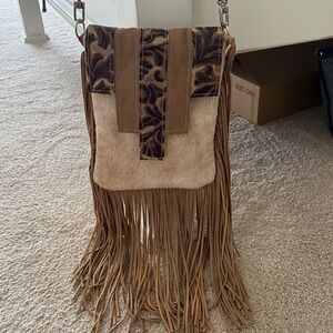 HCC Fringed Tan Crossbody Bag with Haircalf Front